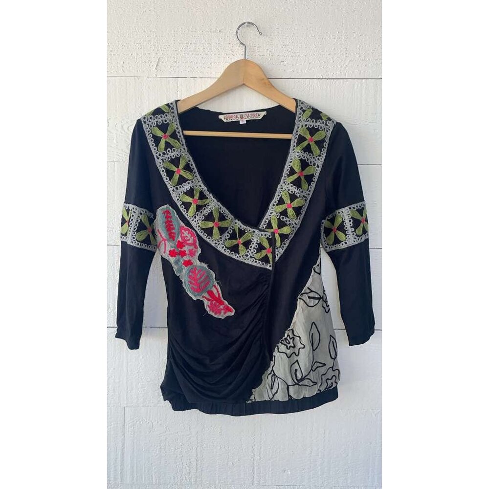 Savage Culture Colorful Boho Embroidered Detail Tunic Top Floral S